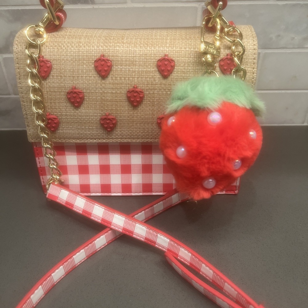 Betsey Johnson Strawberry Gingham Satchel Crossbody Bag Purse w/ Faux Fur Charm